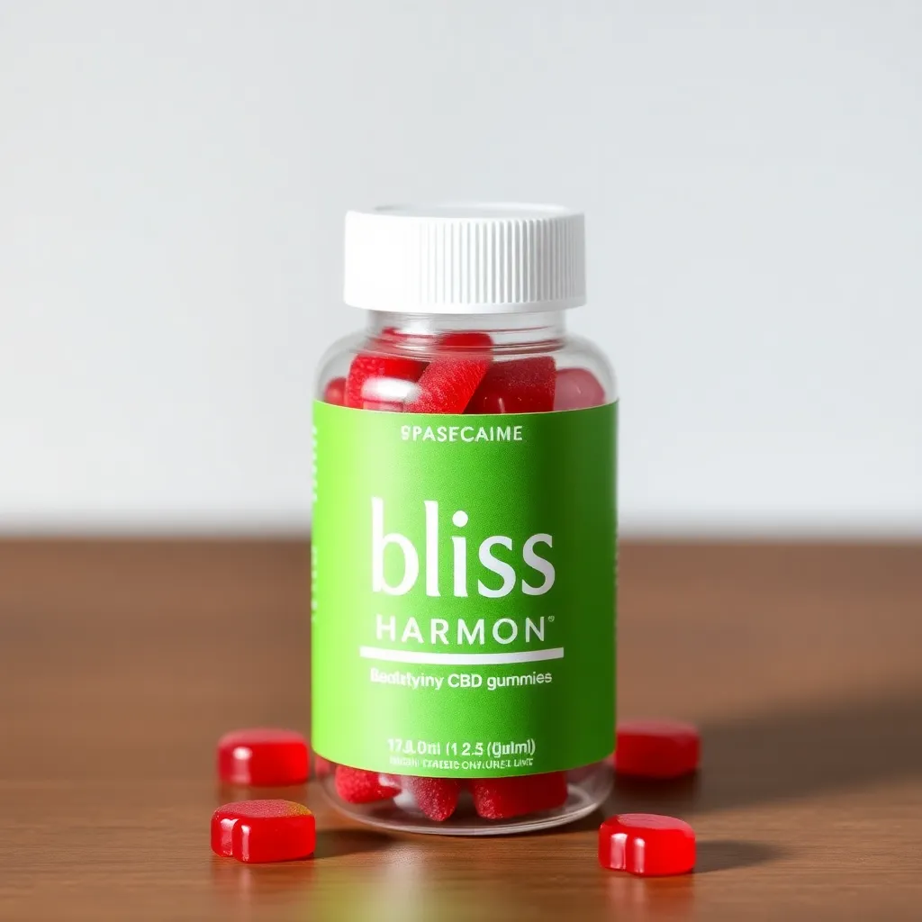 Bottle of Bliss Harmony CBD Gummies with green label and red gummies inside