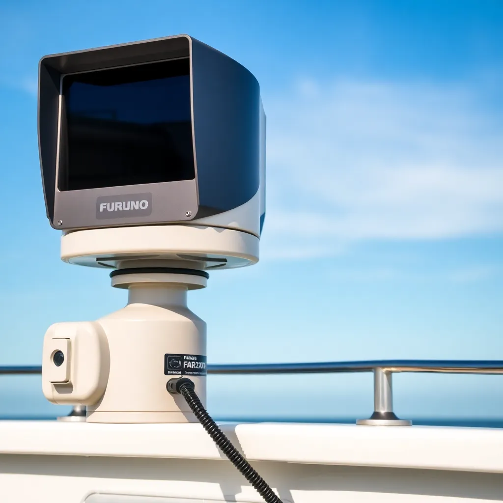Side view of Furuno FAR-2xx7 series radar device mounted on ship deck with blue sky background