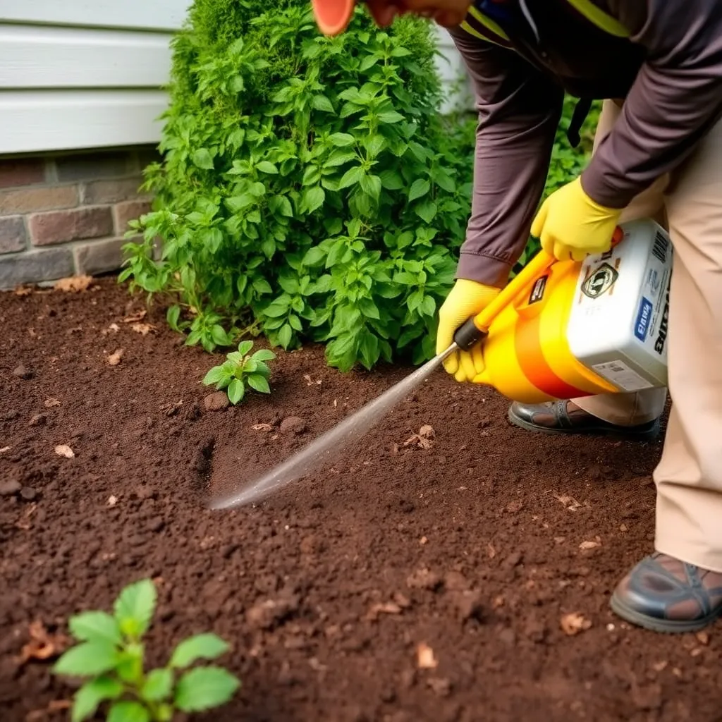 Termite treatment being applied in garden soil near house foundation by pest control technician