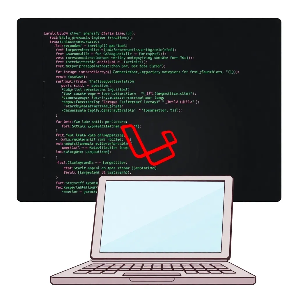 Ilustrasi tips dan trik pengembangan aplikasi Laravel dengan laptop dan kode