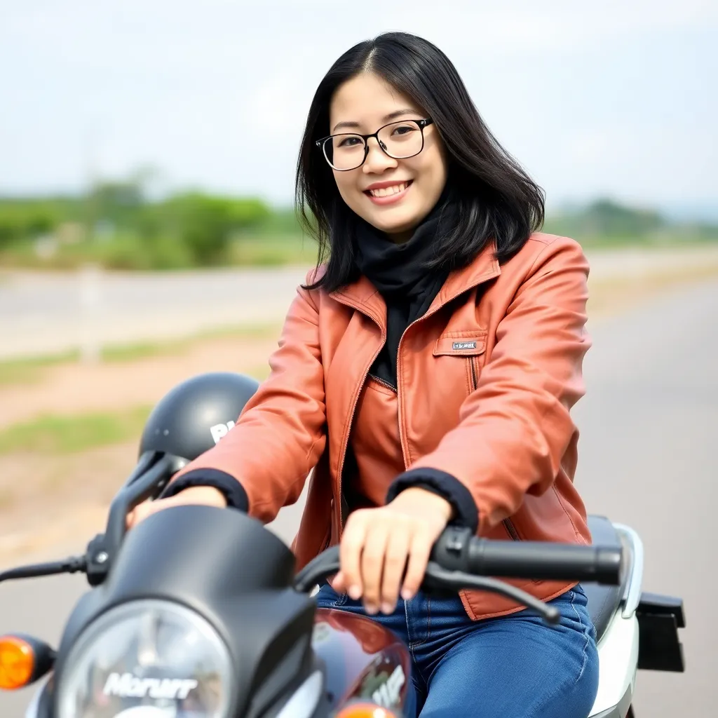 Foto pelanggan wanita muda dengan jaket motor, tersenyum di samping motor