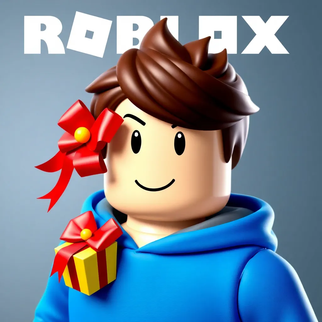Roblox avatar with a blue hoodie and gift ribbon icon