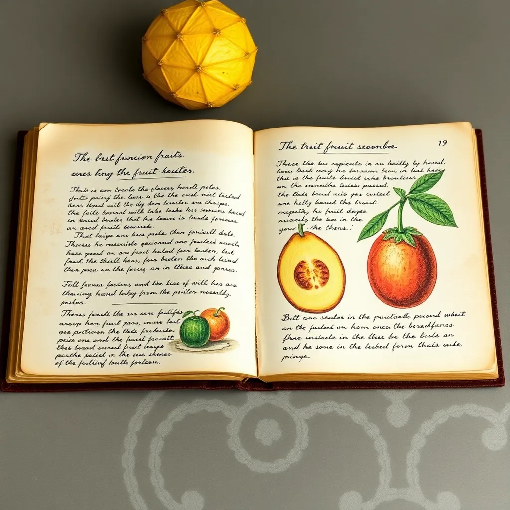 Ancient recipe book with tropical fruit illustrations and handwritten notes
