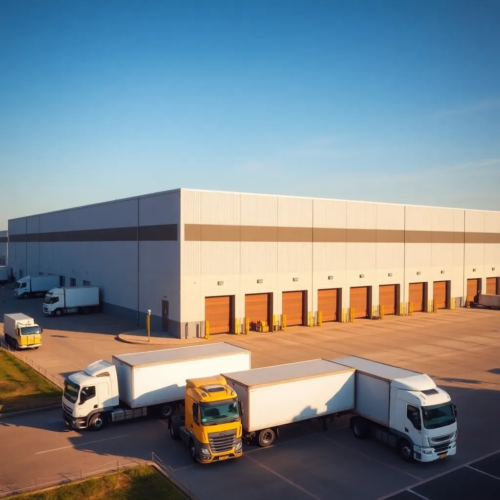 Industrial warehouse with loading docks and trucks parked outside