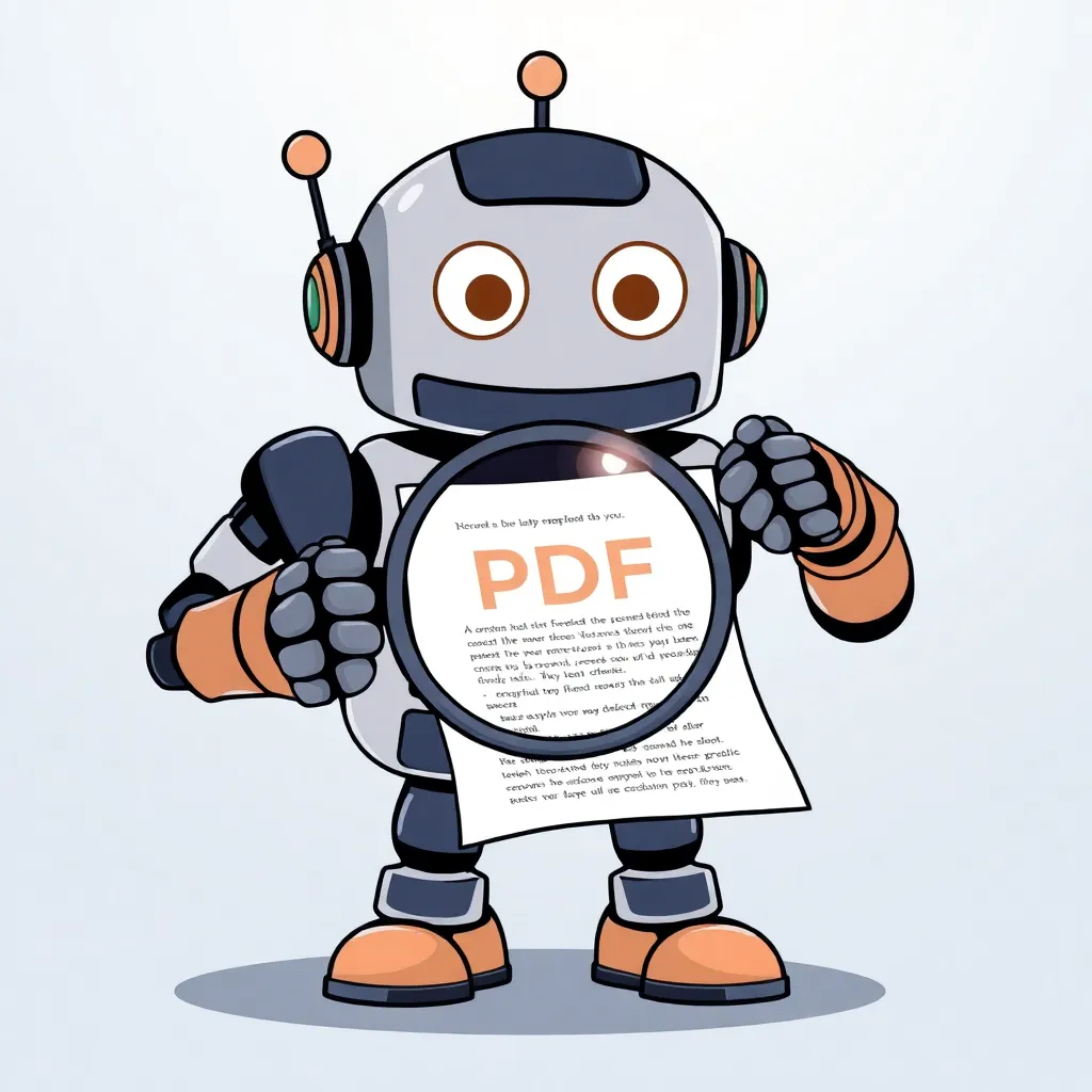 Illustration of a friendly robot character holding a magnifying glass inspecting a PDF document with text lines glowing, symbolizing smart OCR technology