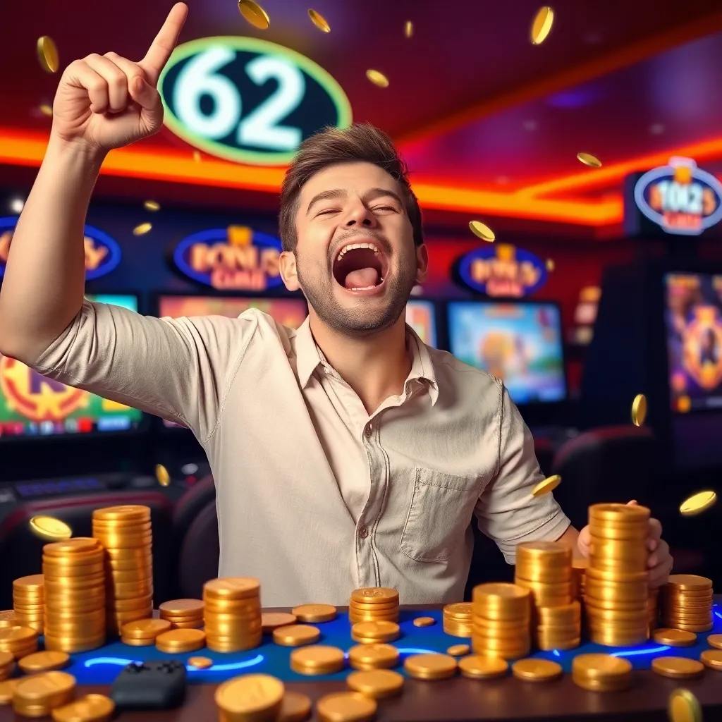 Excited gamer celebrating after claiming 100% welcome bonus on 62Club, with gaming console and coins around