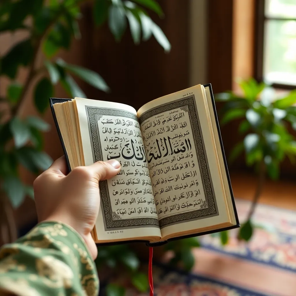 Ikon tangan memegang mushaf Al-Qur'an dengan latar hijau