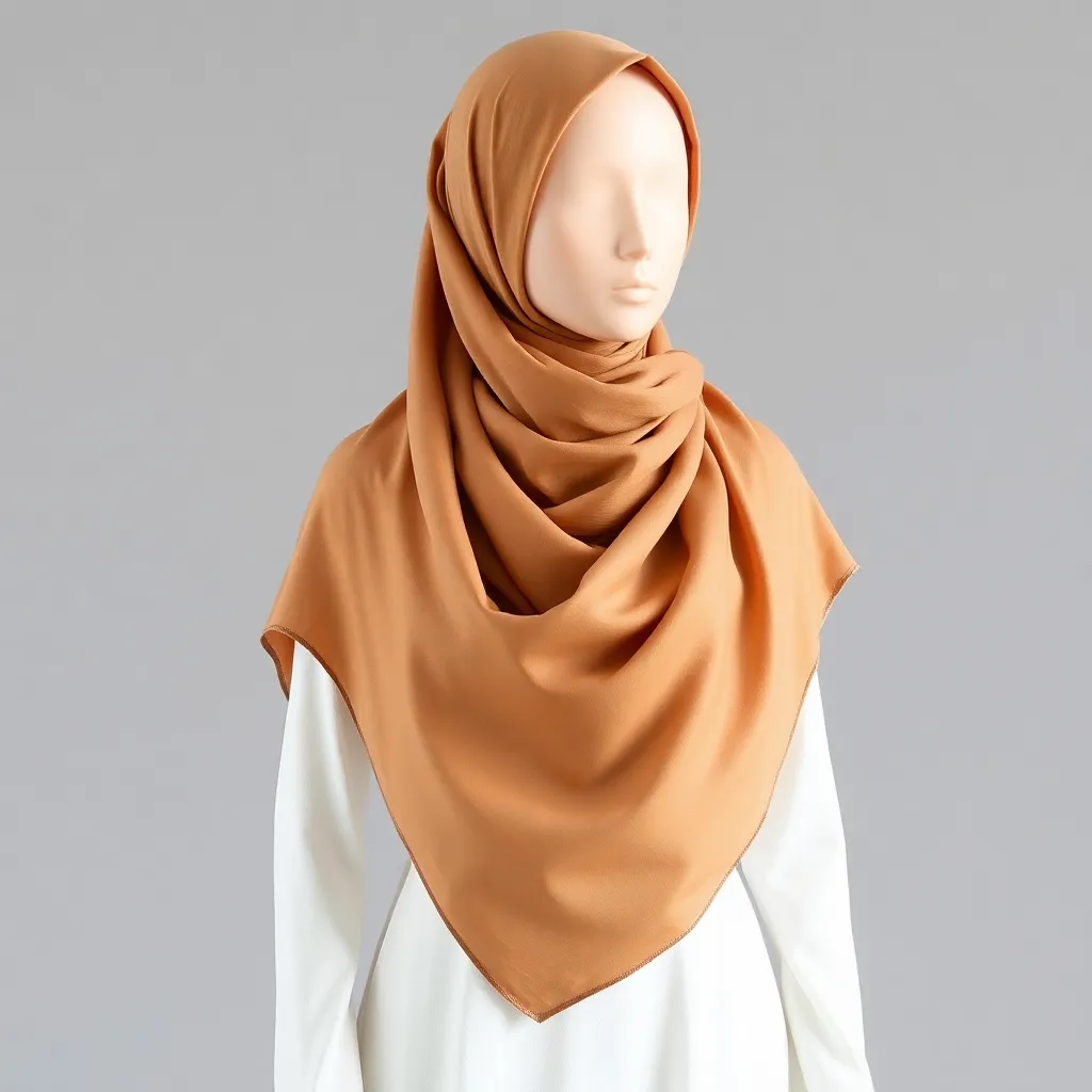 Hijab style recommendation with warm beige fabric draped elegantly on a mannequin