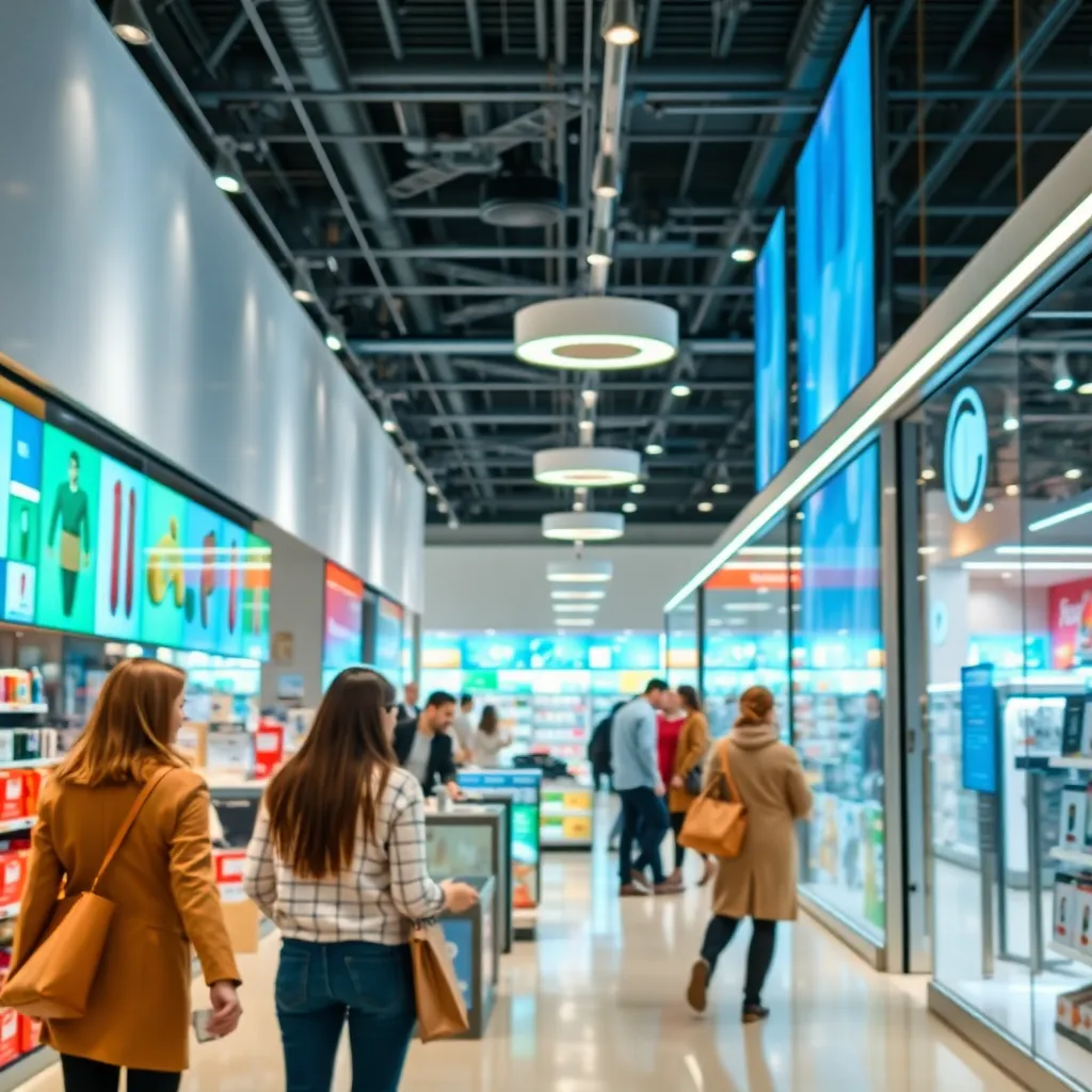 Retail industry showing a modern store with customers shopping and digital interfaces