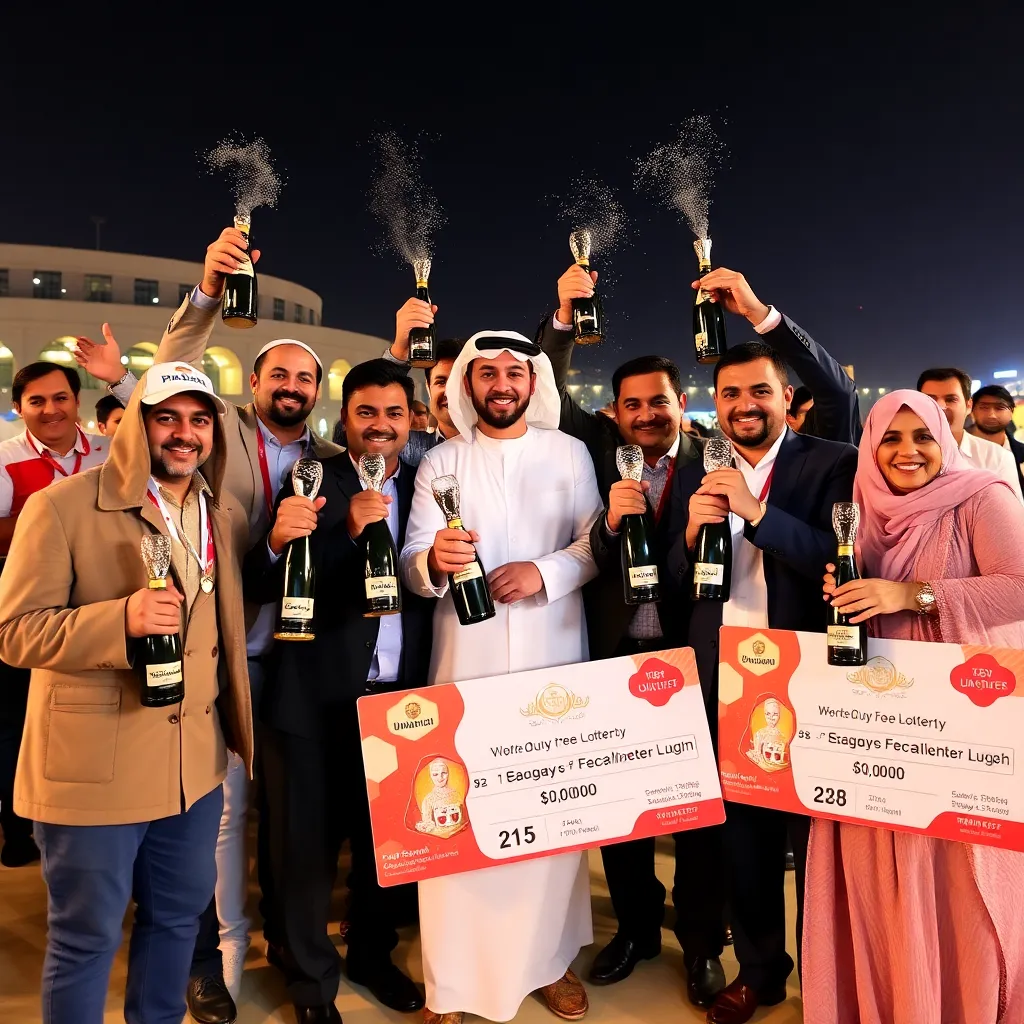 Group of Dubai Duty Free Lottery winners celebrating with trophies and champagne