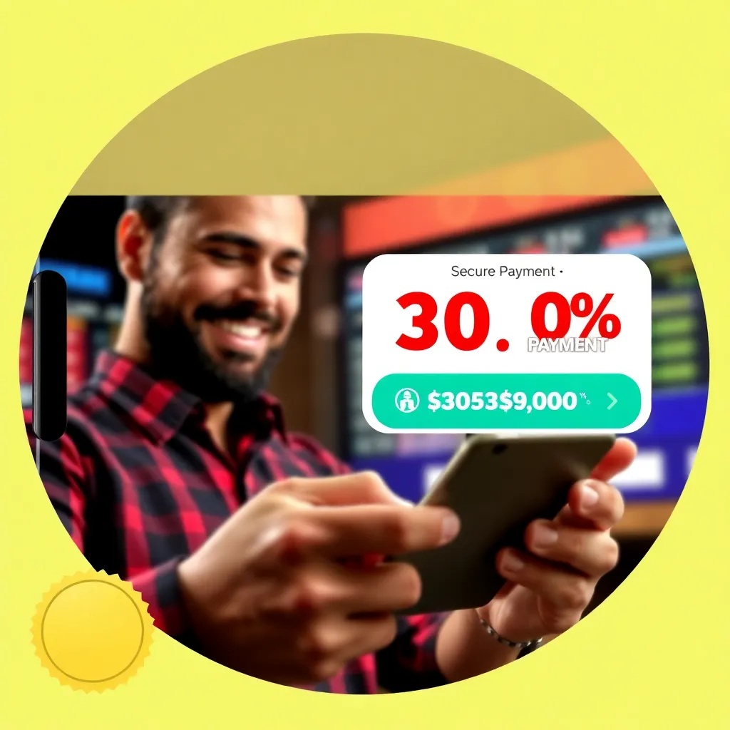 A confident player placing a bet on a mobile device with a secure payment icon and bonus offer displayed