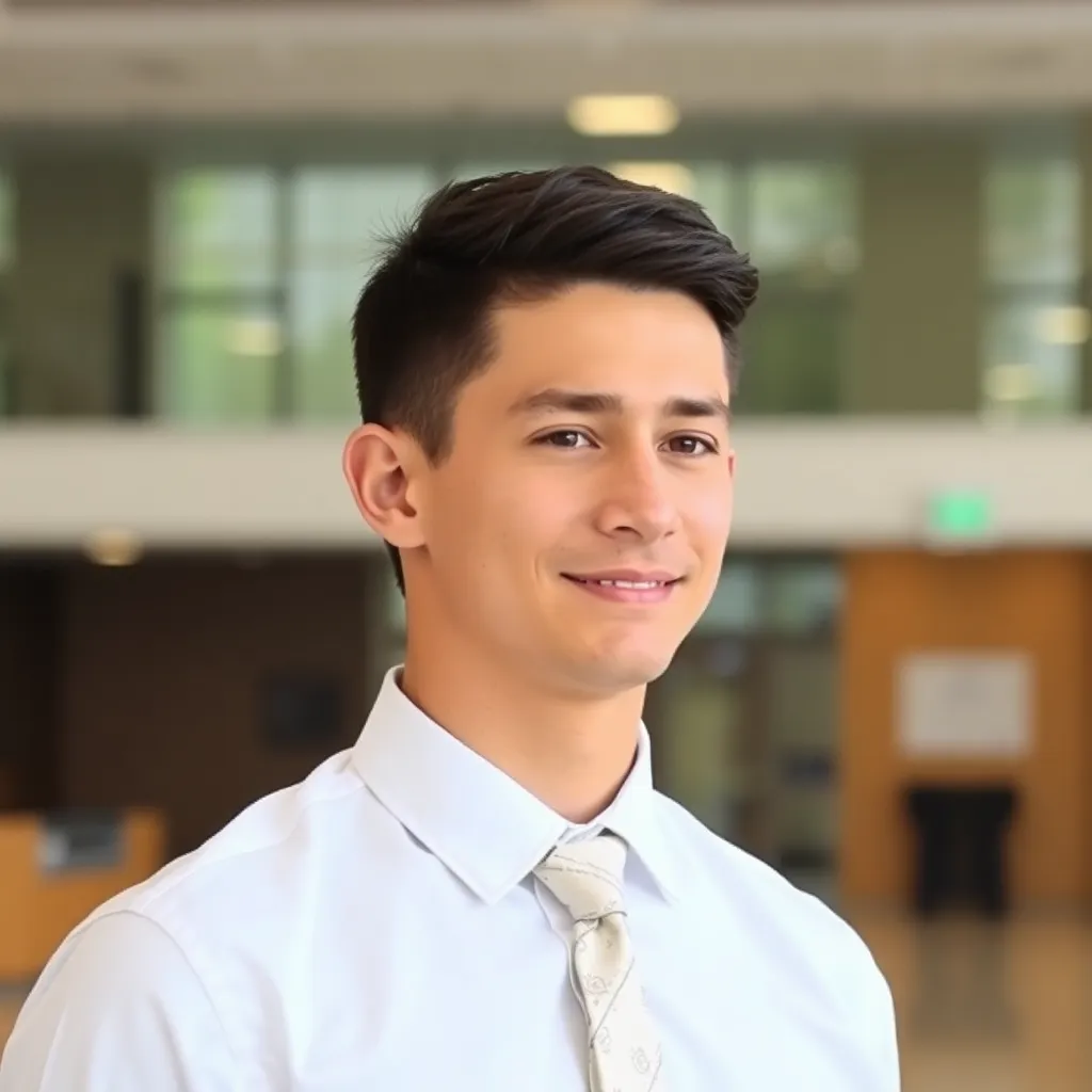 Profile 2 Headshot of a young man wearing a white shirt and tie with an indoor background