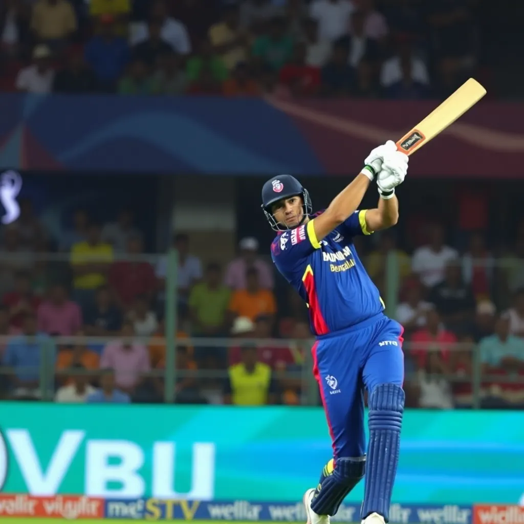 Royal Challengers Bengaluru batsman hitting a six against Lucknow Super Giants at Ekana Stadium, Lucknow during IPL 2025 Match 70, with crowd cheering in background