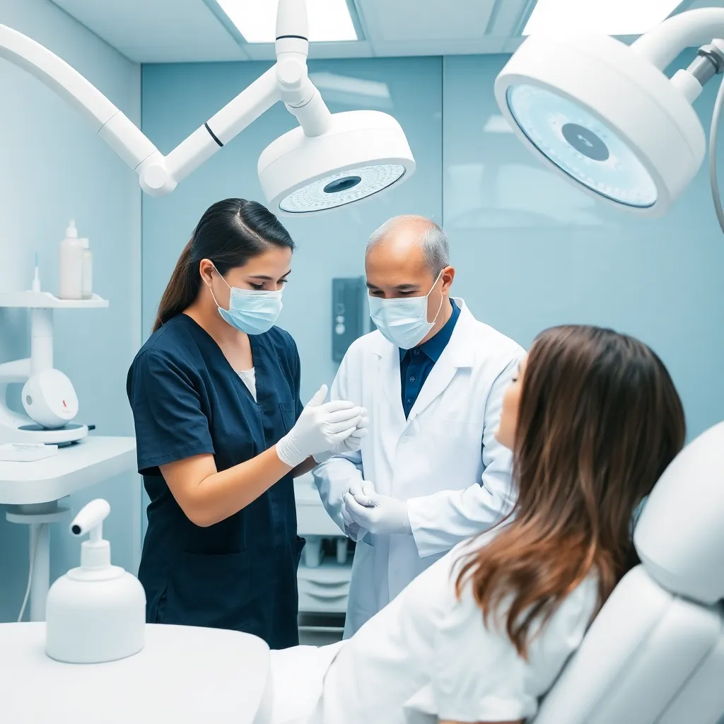 Dermatology clinic with skin care treatment and dermatologist consulting patient, modern technology