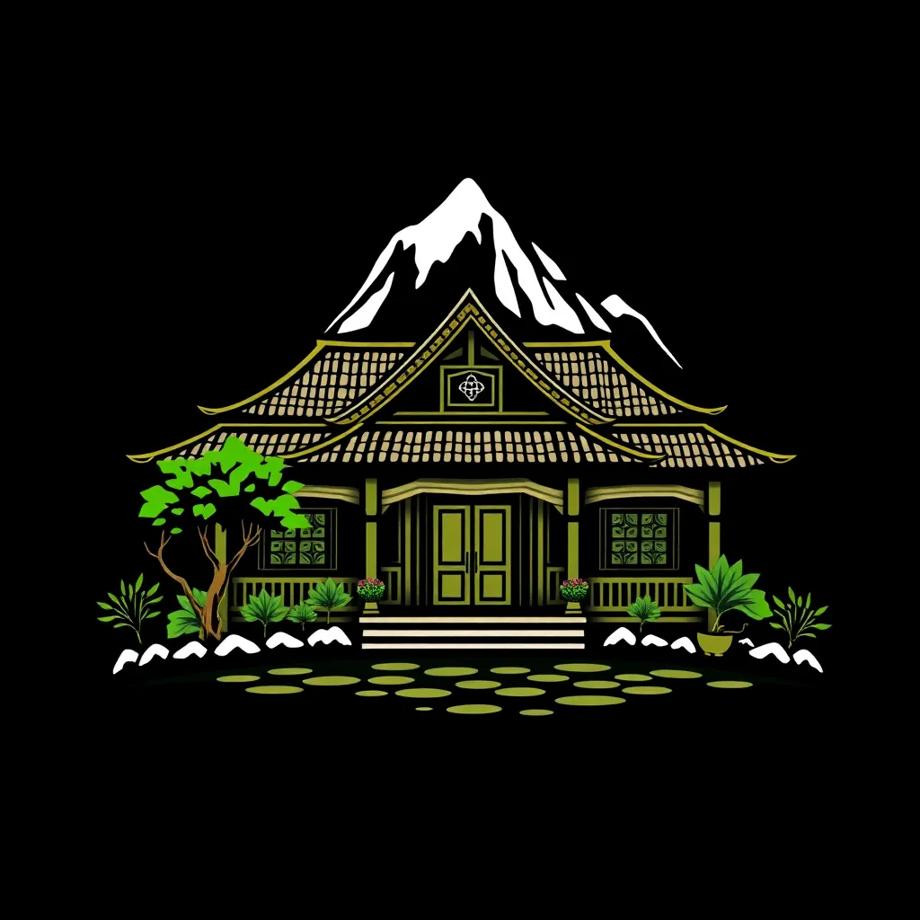 Logo desa bergambar rumah tradisional dengan latar belakang gunung dan pohon hijau