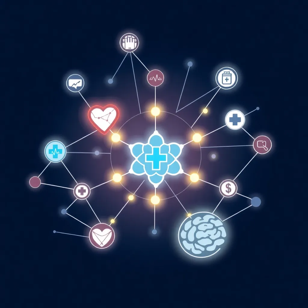 Illustration of medical blockchain and AI concept with interconnected nodes, healthcare symbols, and AI brain