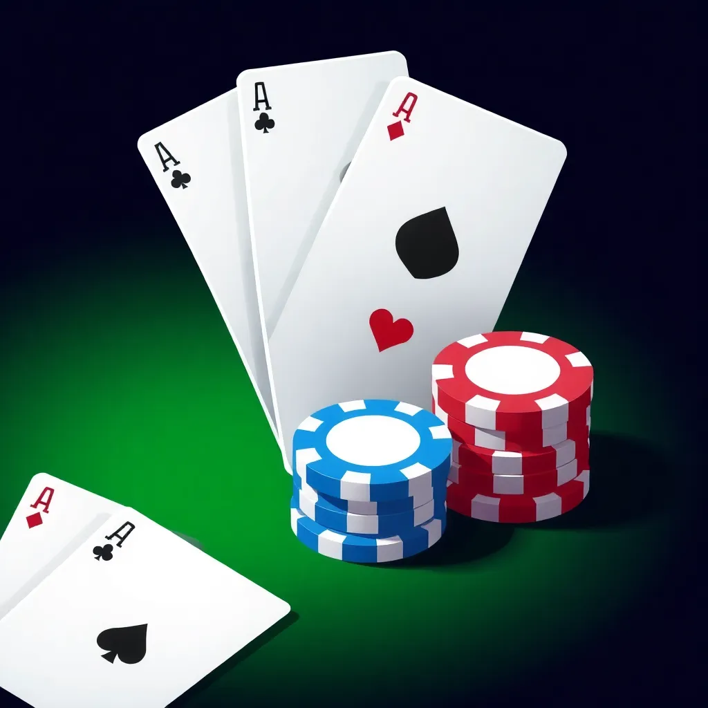 Illustration of playing cards and poker chips representing card games like Poker, Rummy, Teen Patti
