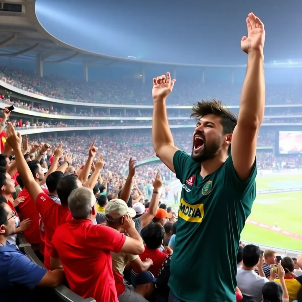 Crowd cheering wildly in Narendra Modi Stadium during IPL 2025 match featuring Mitchell Marsh