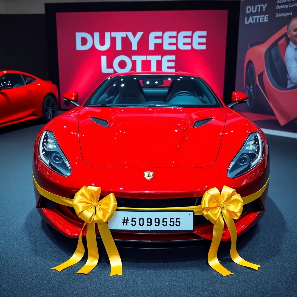 Shiny red luxury sports car prize displayed at Dubai Duty Free Lottery event with golden ribbons