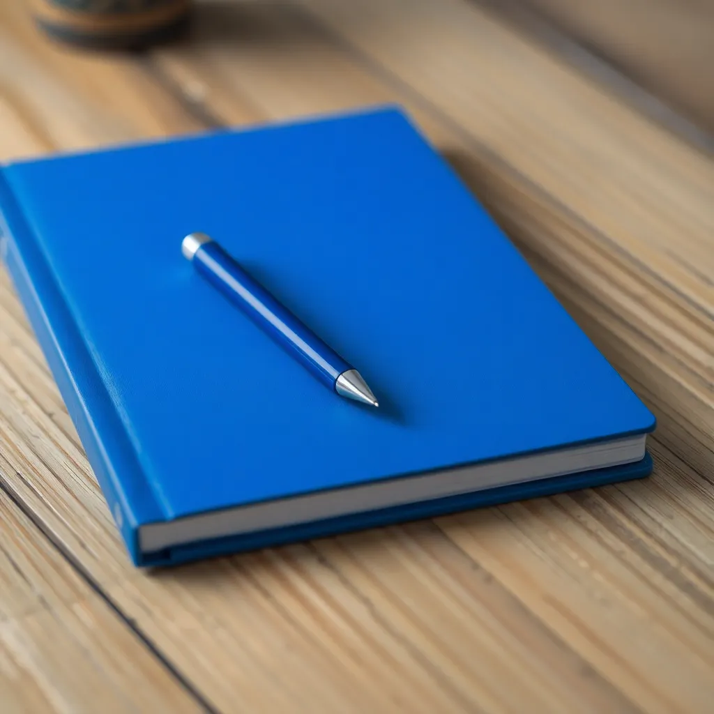 Blue pen on blue notebook on wooden table with blurred background
