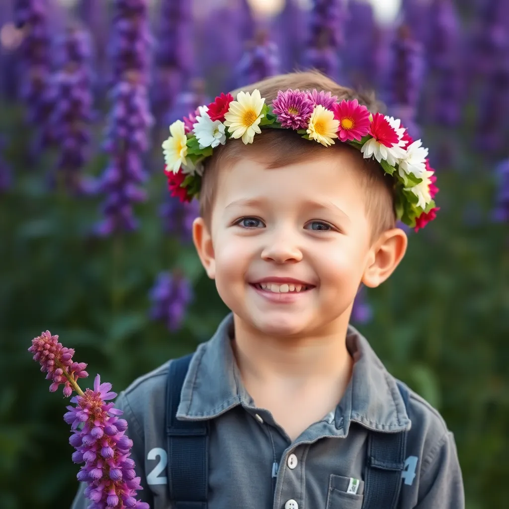 Boy with flower crown and purple flowers background