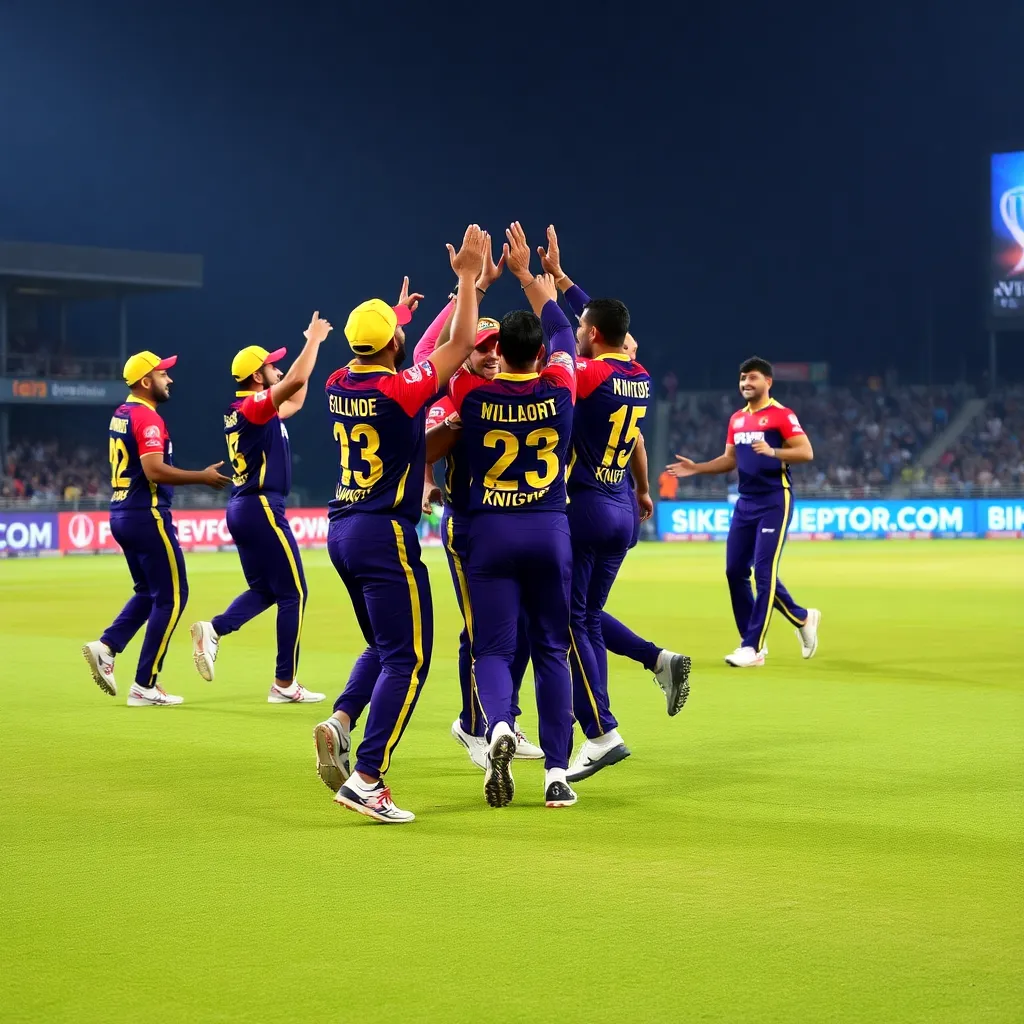 Kolkata Knight Riders players celebrating jubilantly on the cricket field after winning the match