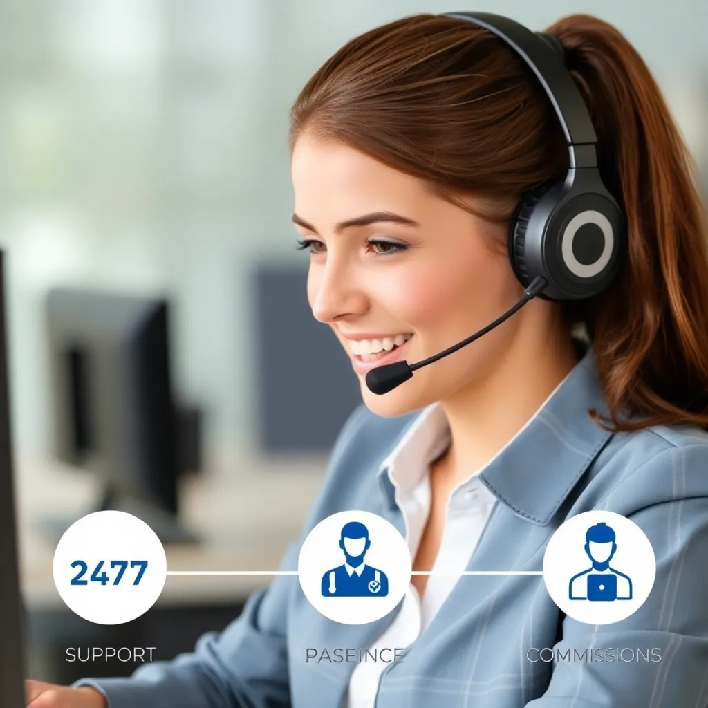 Customer support agent wearing headset helping a user, with icons representing 24/7 support and agent commissions