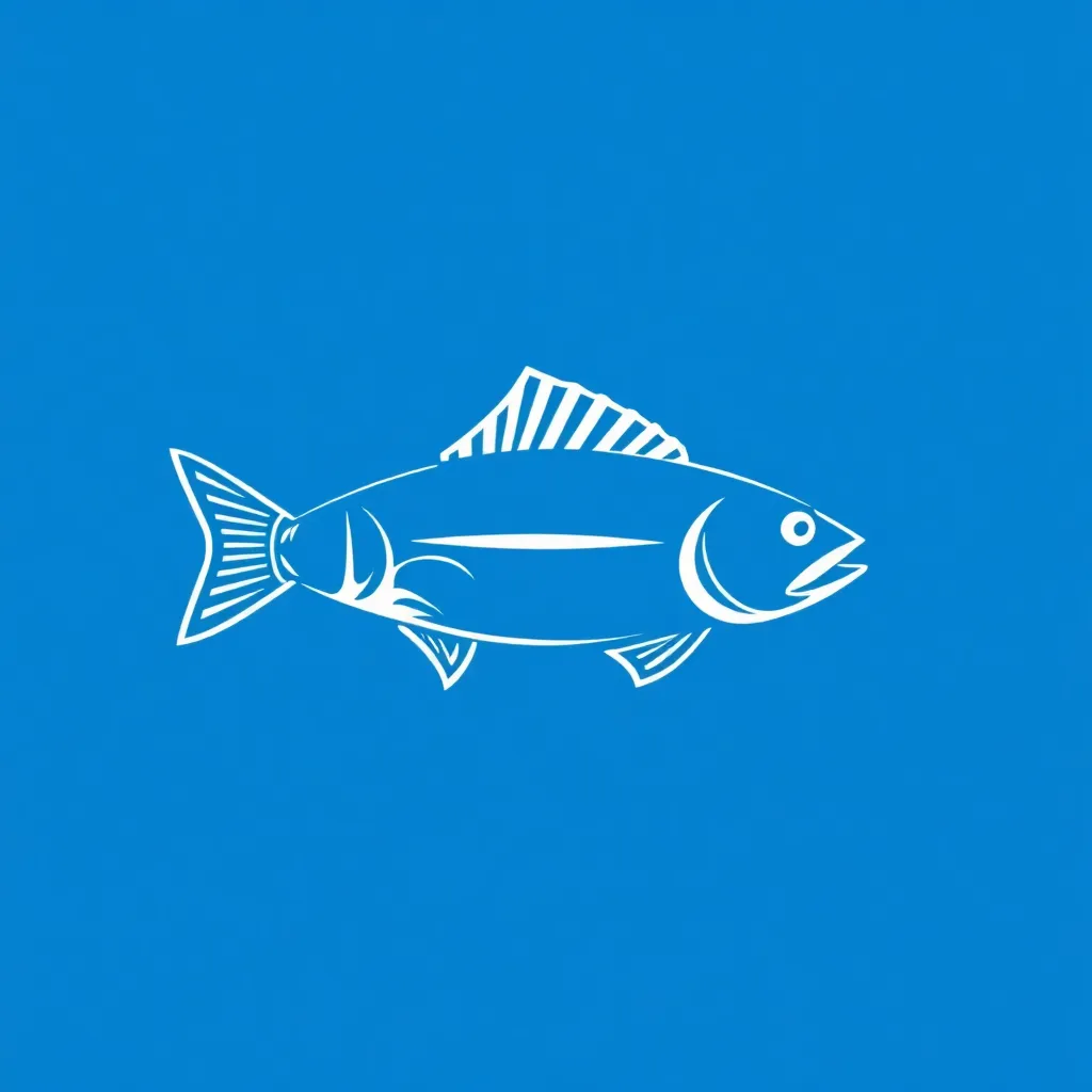 Logo Fish Saltwater Tackle, stylized fish icon in white on blue background