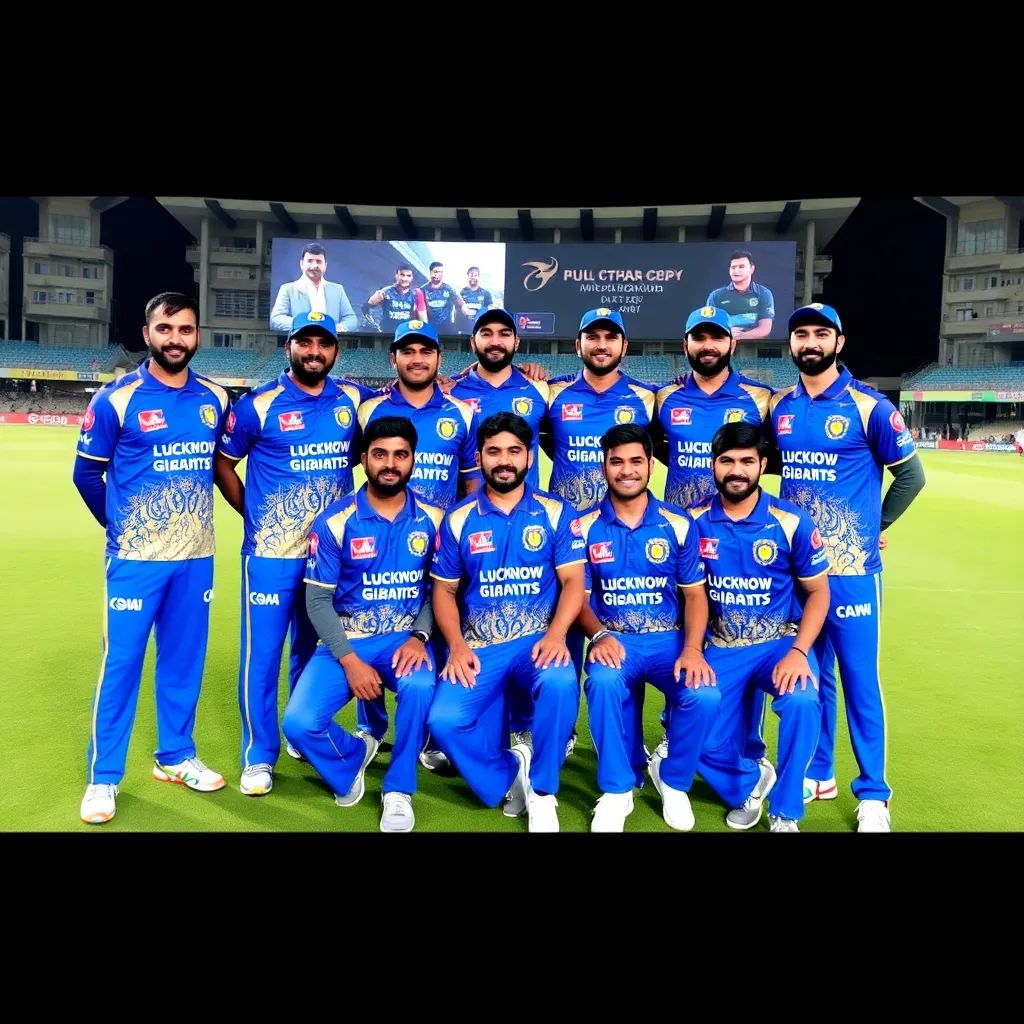 Lucknow Super Giants cricket team group photo in blue and gold jerseys posing on the field before a match