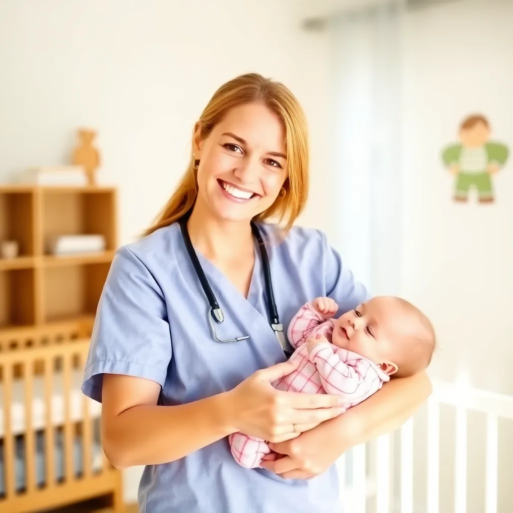 Smiling baby caretaker holding and playing with an infant in a bright nursery room