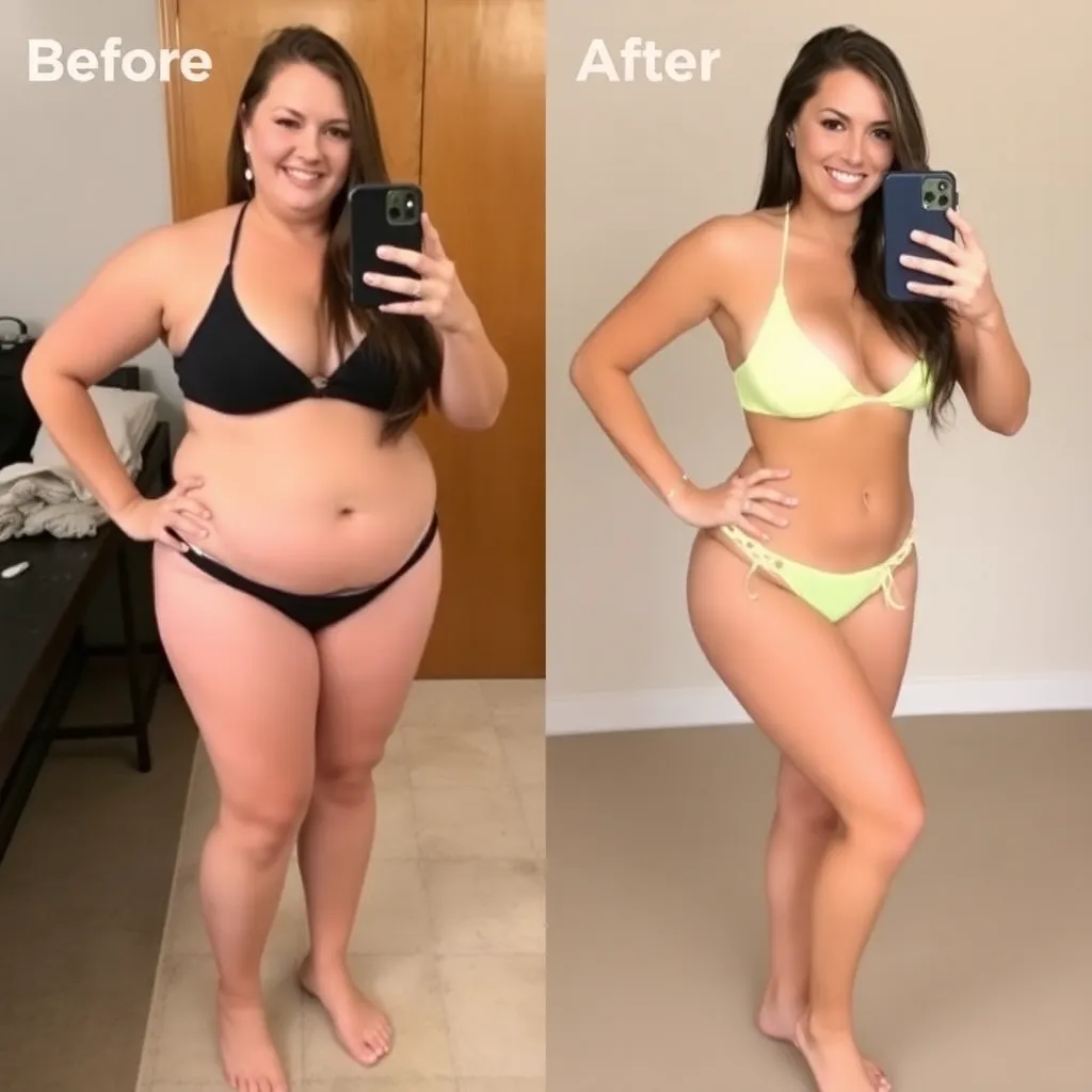 Before and after photos of Dawn in bikini showing weight loss