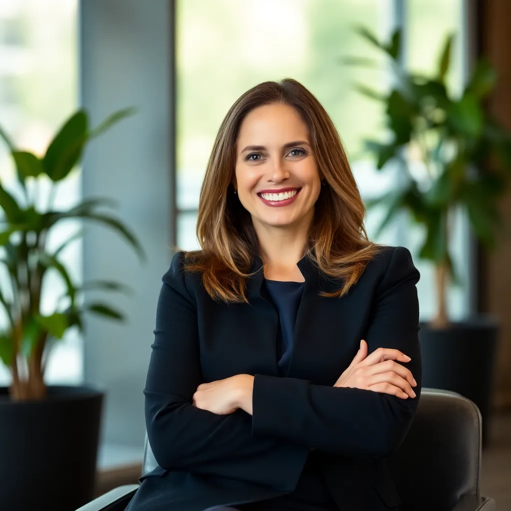 Smiling woman in black blazer sitting with arms crossed