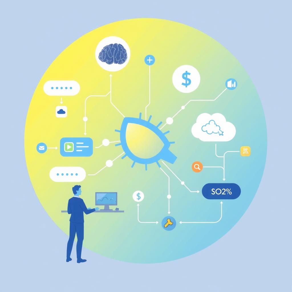 Illustration of advanced machine learning topics: deep learning, NLP, and reinforcement learning