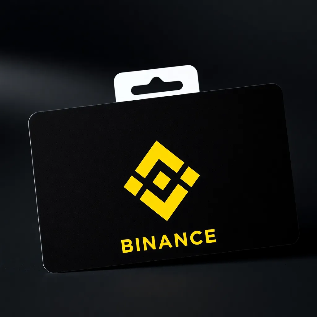 Binance Gift Card black card with yellow Binance logo on it, packaged in a white hanging card