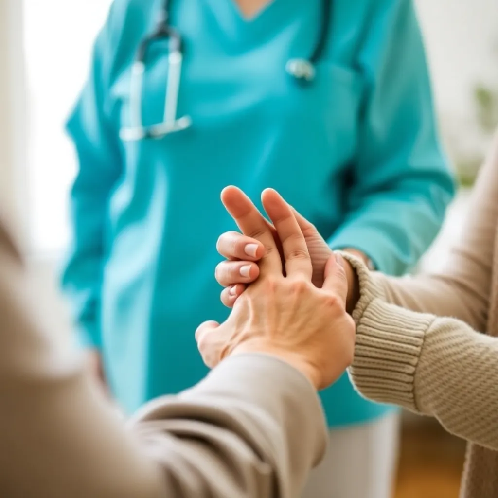 Caregiver holding elderly person's hand in a comforting manner