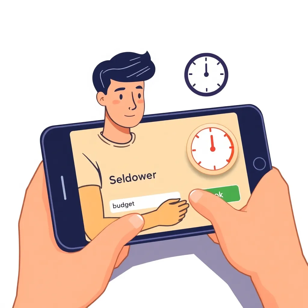 Illustration showing a calm player setting a budget on a mobile device with a clock and pause icon representing responsible gaming