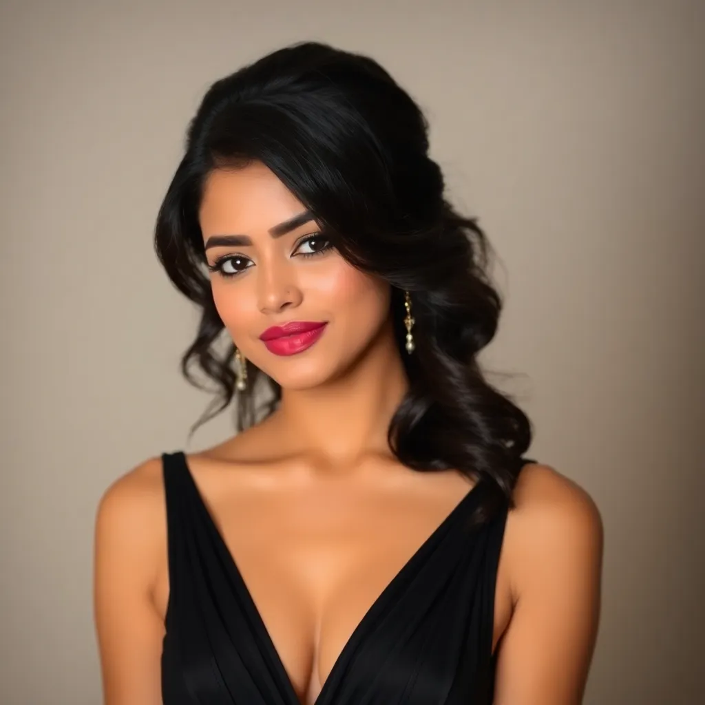 Beautiful Indian woman with wavy hair wearing a black evening gown, representing a premium Lucknow escort