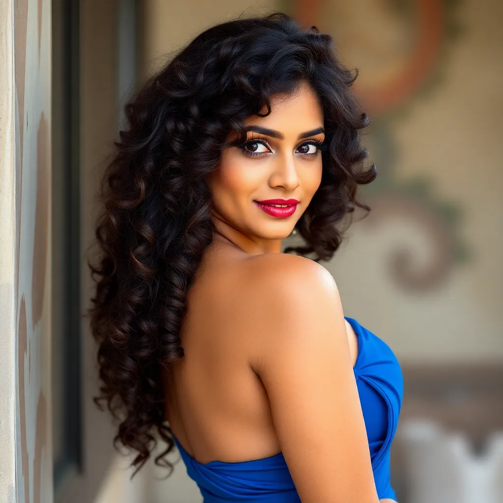 Gorgeous Indian woman with curly hair wearing a blue dress, representing a premium Lucknow escort