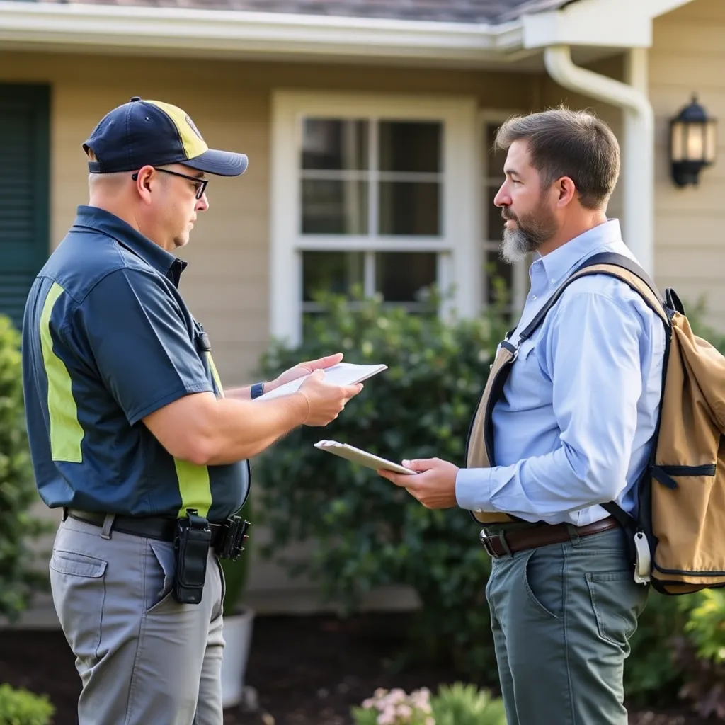 Pest control consultation meeting between technician and homeowner discussing pest control plan