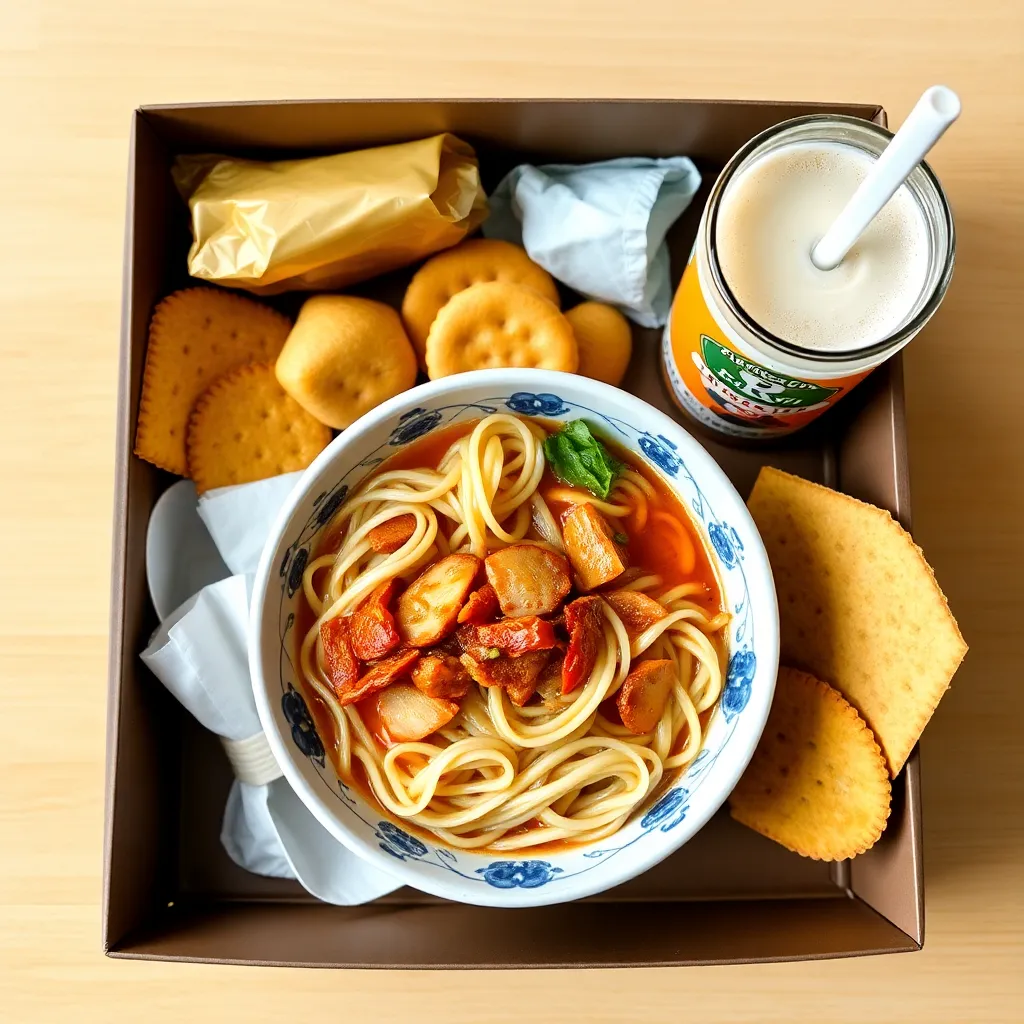 Complete meal package with noodles, crackers, and drink
