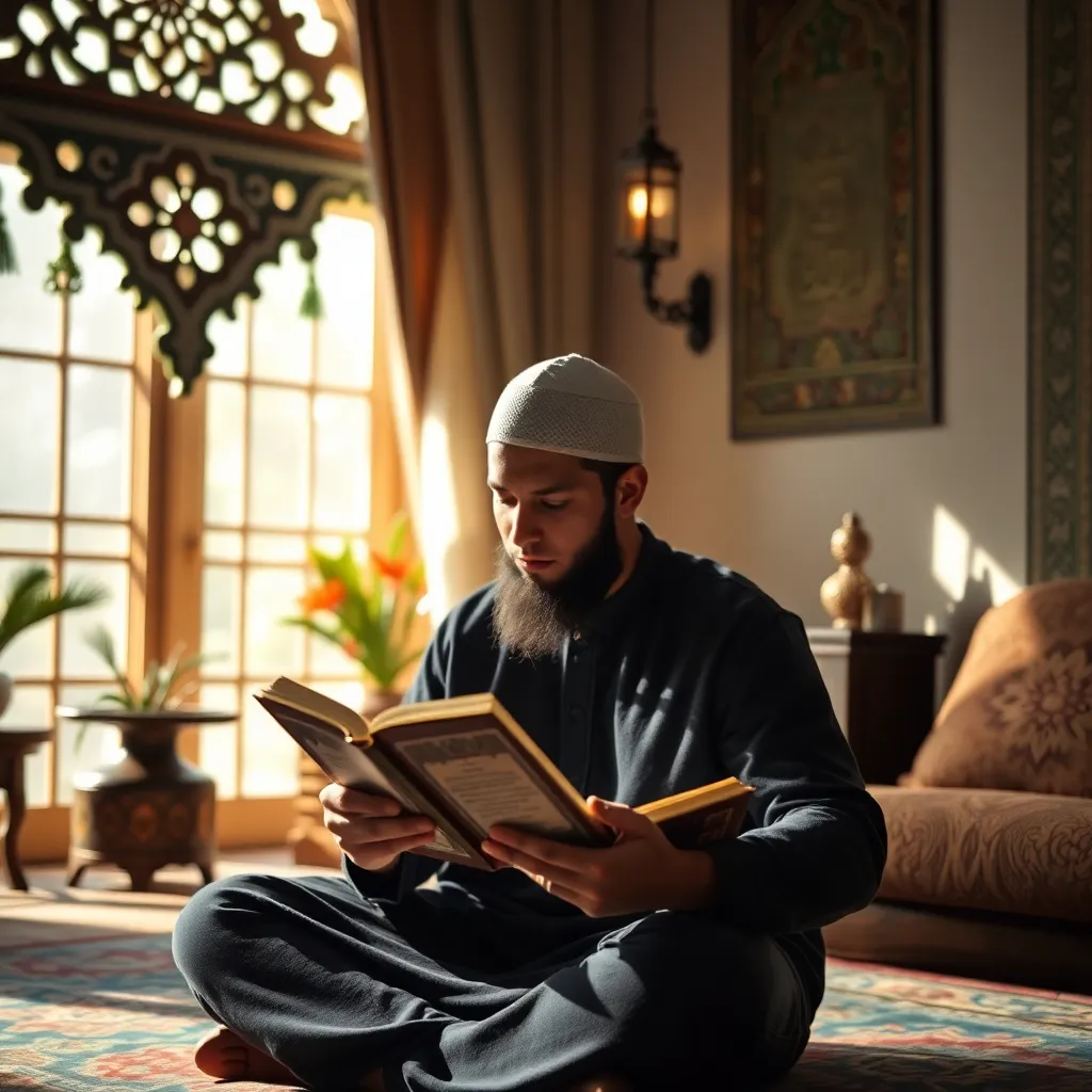 A person reading the Quran attentively in a cozy room with natural light and Islamic decor