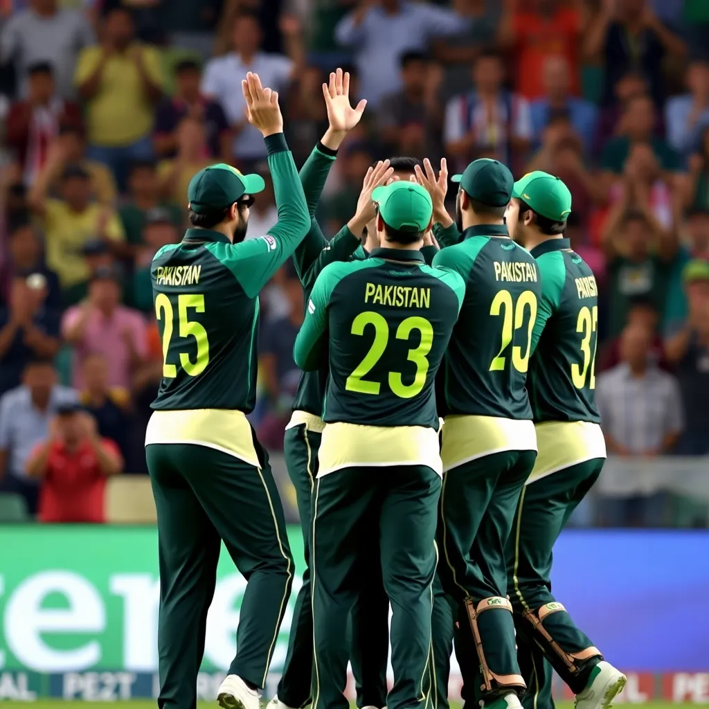 Pakistan cricket players celebrating a wicket during the 3rd T20I match against Bangladesh at Gaddafi Stadium Lahore, with fans cheering in the background