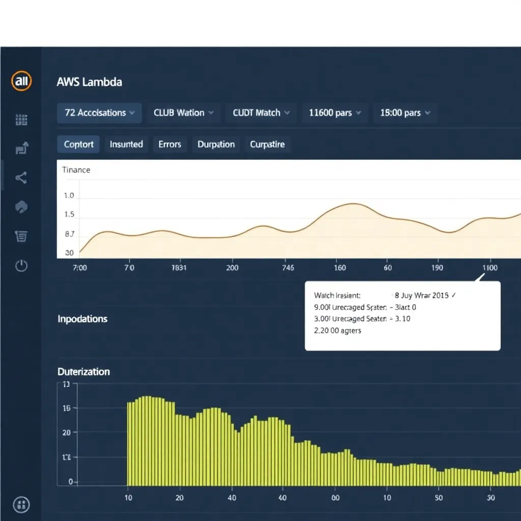 Tampilan dashboard monitoring AWS Lambda di CloudWatch dengan grafik invocations, errors, dan duration