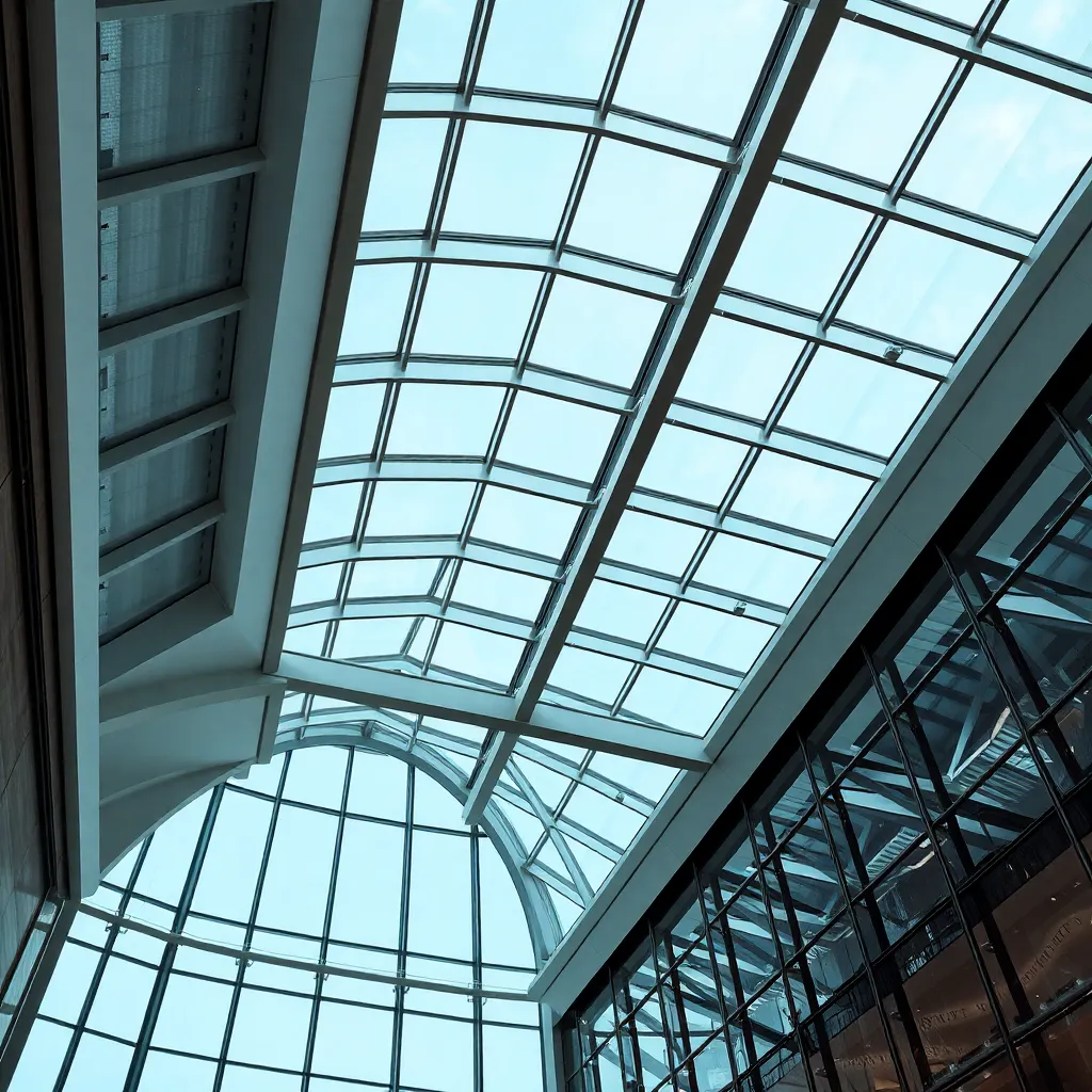 Modern architectural ceiling structure with steel beams and glass windows, showing a futuristic building interior
