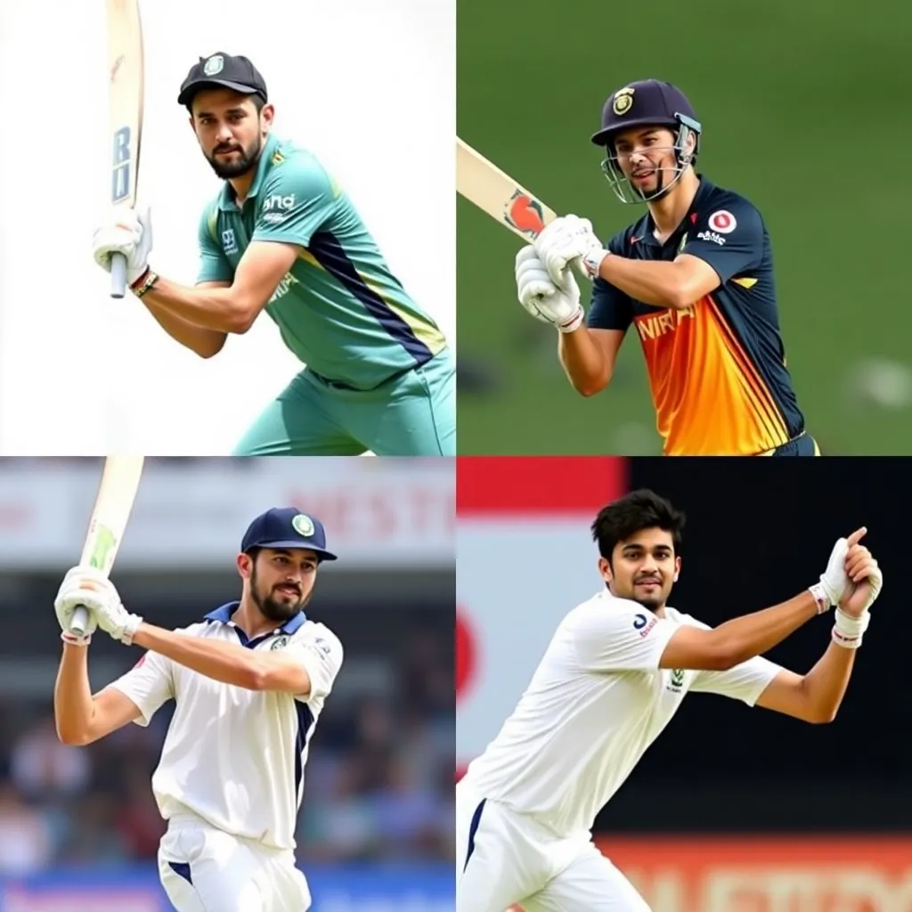 Collage of cricket players Ryan Rickelton, Karn Sharma, Kumar Kartikeya, Trent Boult, and Riyan Parag in action on the field