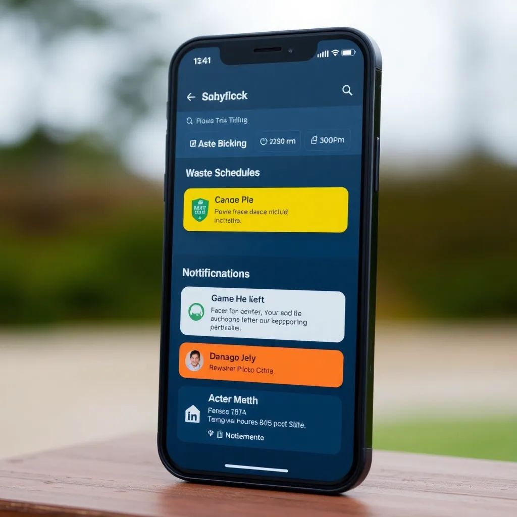 Mobile app interface showing waste pickup schedules and notifications