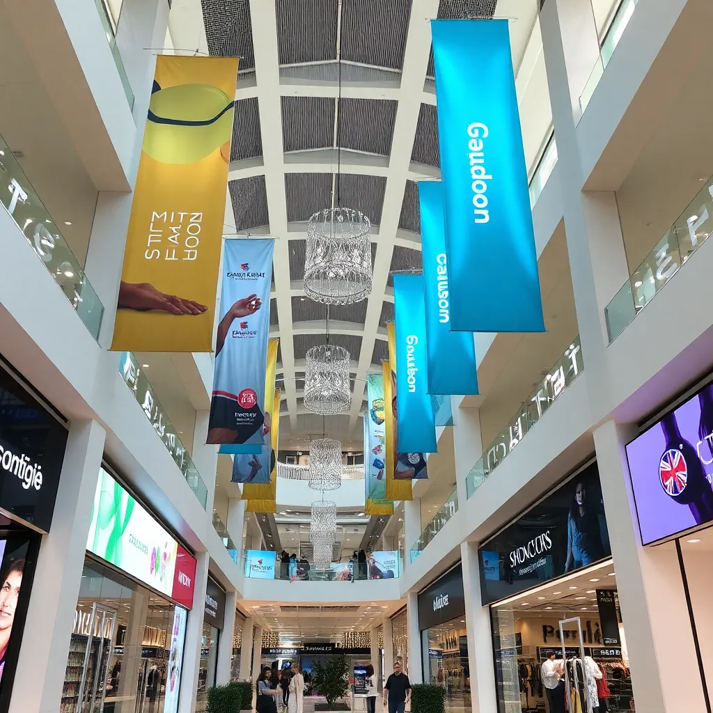 Shopping mall atrium with hanging brand banners and digital screens