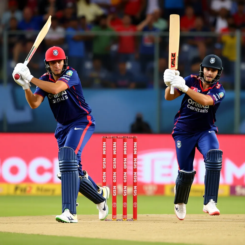 Delhi Capitals batsmen playing shots and running between wickets during their innings