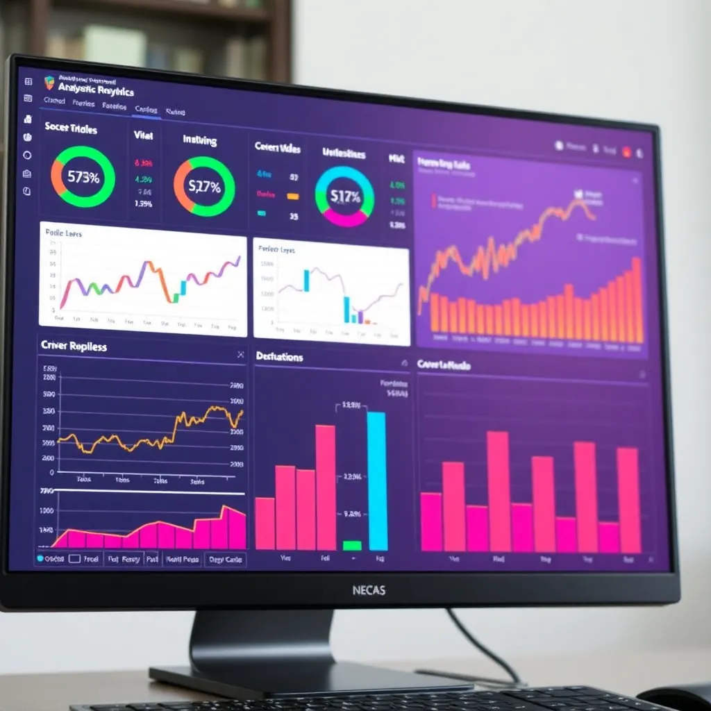 Finance application dashboard showing colorful charts, graphs, and analytics on a computer screen