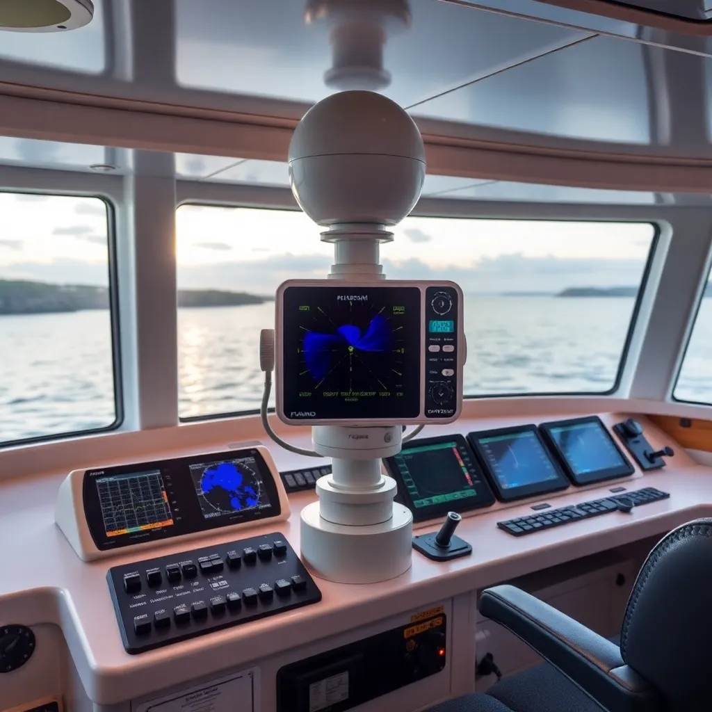 Furuno FAR-2xx7 radar device installed on modern ship bridge with navigation instruments and controls